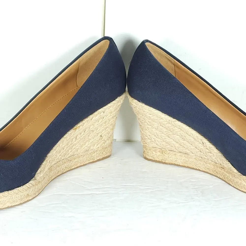 J. Crew Women's US 9 Canvas Navy Blue Wedge Pumps Espadrille Shoes New